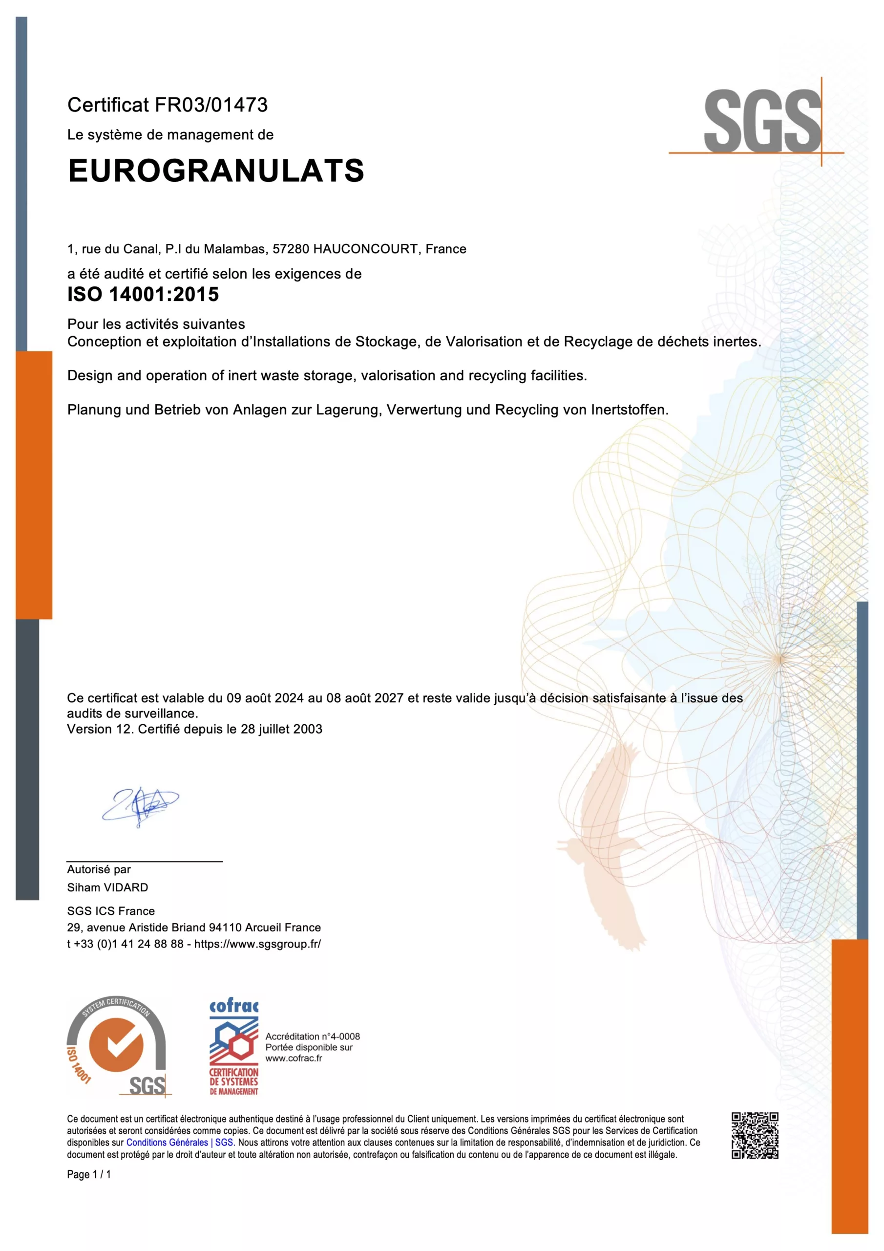 Eurogranulats-ISO 14001:2015 -Certificat 2024-2027